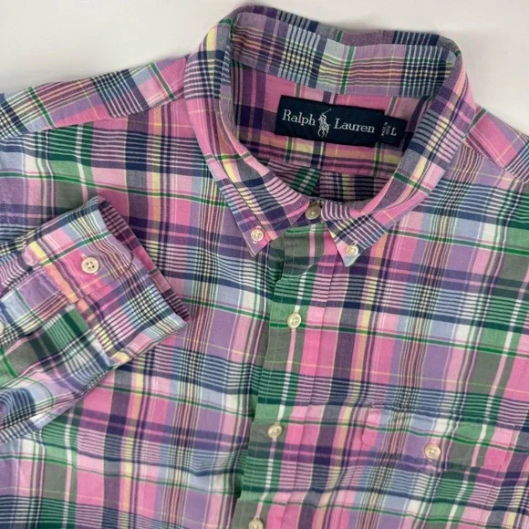 Ralph Lauren Mens Large Plaid Button Down Shirt Pink Green Purple Madras L - Picture 1 of 6